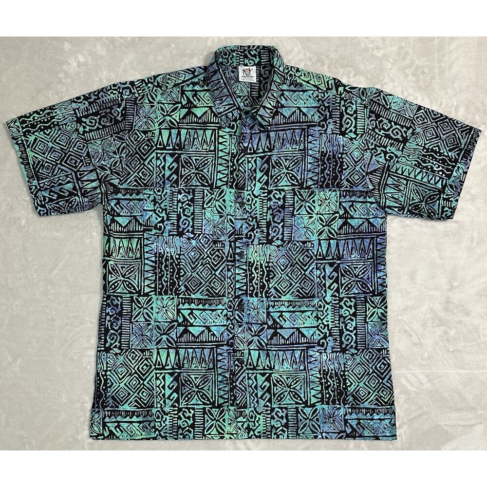 Rum Reggae Men's L Blue Green Tribal Hawaiian Aloha Cotton Camp Shirt